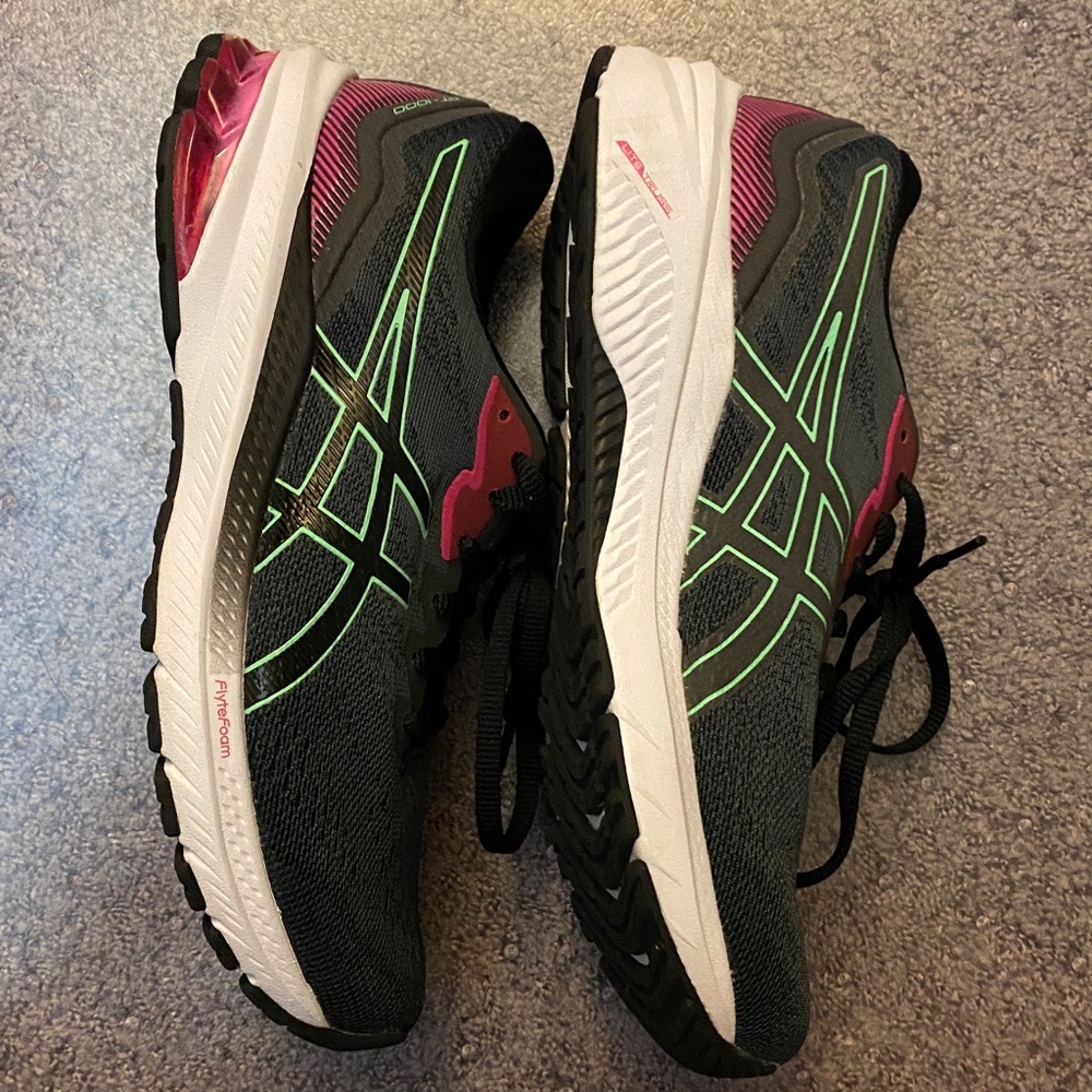 ASICS Steel Grey, Neon Green and Pink Athletic Shoes